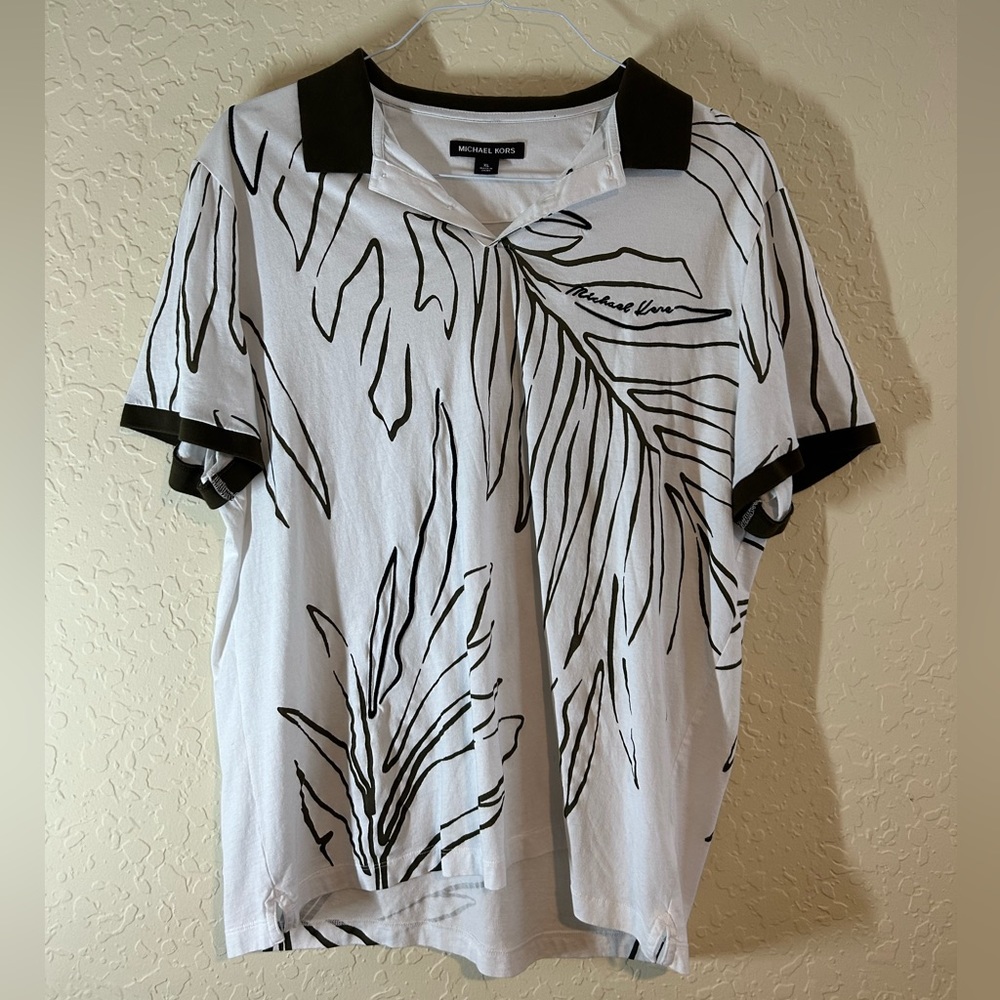 Michael Kors Mens Shirt White and Brown Size Xl Polo Palm Leaf Print
